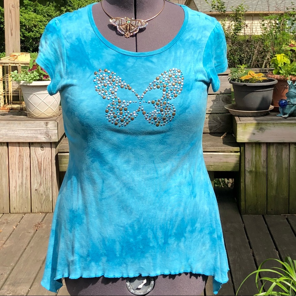 TIE-DYE TUNIC STYLE T SHIRT WITH BUTTERFLY STUDS